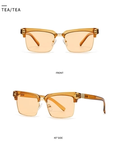 Front and 45-degree side view of tea-colored semi-rimless square sunglasses