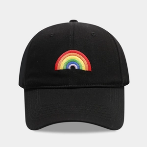 Close-up of vibrant rainbow embroidery on a premium black cotton canvas baseball cap
