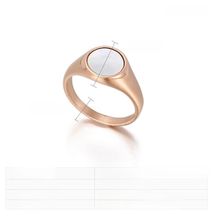 Close-up of rose gold stainless steel ring showing 11mm width shell inlay and 4g weight detail