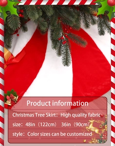 Classic red and white fabric Christmas tree skirt under a tree with gift boxes