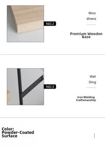 Detail of solid wood base and black matte iron frame of a 5-tier jewelry organizer