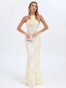 Sleepless halter neck long dress in cream white with 3D floral accents and sequins