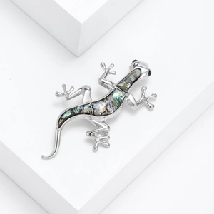 Vintage gecko brooch with iridescent abalone shell inlay in silver metal finish