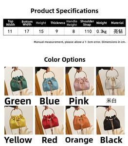 Size chart for rhinestone bucket bag with dimensions and eight color options