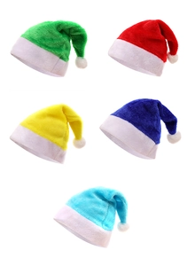Detailed grid view of plush Christmas hats in red, green, yellow, and blue colors