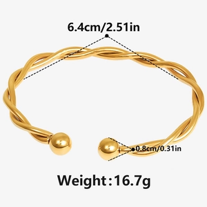 Detailed size specifications for 18k gold-plated twisted stainless steel open bangle