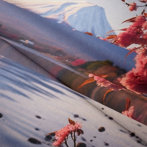 Detail of soft fabric texture featuring Mount Fuji and cherry blossom tapestry print