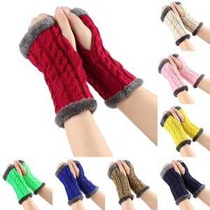 Collection of cable knit fingerless gloves with faux fur trim in multiple vibrant colors