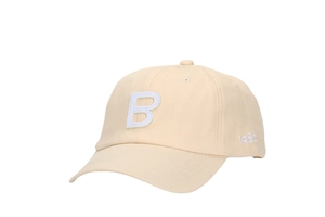 Detailed close-up of beige cotton baseball cap with white letter B and 198c embroidery
