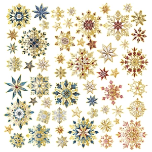 Cold foil blue snowflake static stickers and star ornaments for Christmas window display