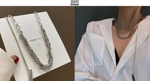 Detail of silver chain necklace with Love Forever tag shown on card and model neck