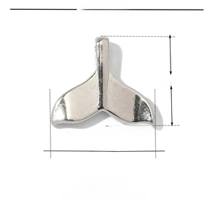 Detailed macro view of silver stainless steel fishtail pendant with dimensions and weight