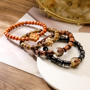 Naturholz Perlenarmband Bambusgelenk Ebenholz Rosenholz Lotusblume Anhänger Zen Stil Vintage Schmuck Unisex