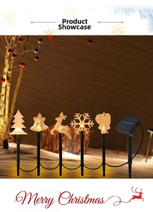 Detailed view of solar Christmas garden stakes with LED elk snowflake and bell shapes