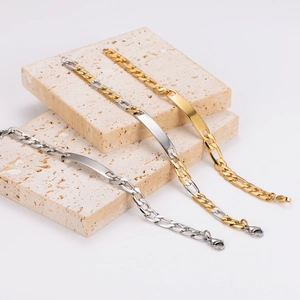 Hip hop men's Figaro chain bracelet in gold and silver finish with flat ID plate