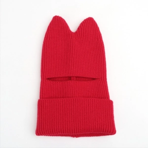 Winter red cat ear knitted balaclava hat with integrated neck warmer for kids