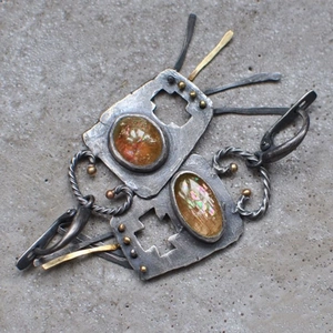Vintage champagne opal earrings with hollow cross design and antique silver finish