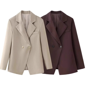 Slim fit double-breasted short blazer for women featuring a stylish notched lapel collar