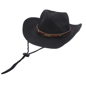Elegant black woven raffia cowboy hat with golden leaf accent and adjustable chin strap
