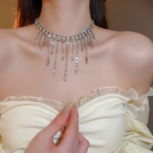 Detailed close-up of a silver tassel necklace with rhinestones worn by a model