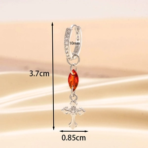 Silver cross earrings with red gemstone and dimensions of 3.7cm length and 10mm ring