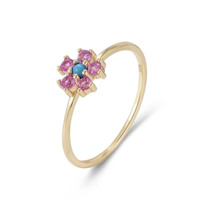 Elegant 925 silver flower ring with turquoise and pink gemstones in gold plating