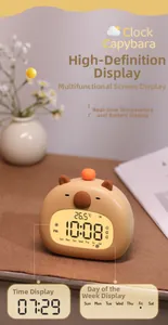 Macro detail of the Capybara alarm clock LCD showing real-time temperature and battery