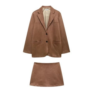 Women's brown faux suede two-piece set featuring double-breasted blazer and A-line mini skirt