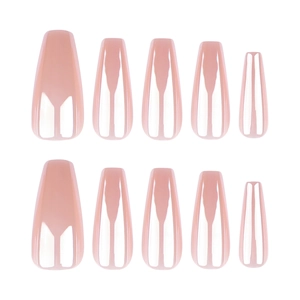 Glossy Aurora pink coffin fake nails set with 10 pieces on a clean white background