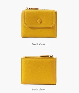 Detailed front and back view of a compact yellow litchi grain leather wallet for women