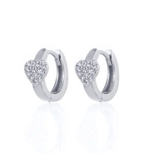 Detailed view of silver heart huggie earrings with sparkling pavé cubic zirconia