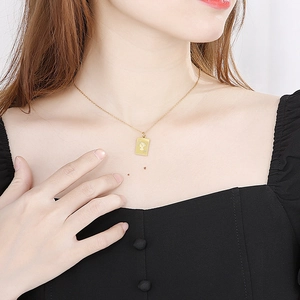Gold square zodiac pendant necklace with vintage portrait relief on stainless steel chain