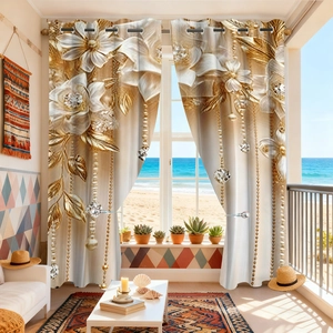 Detail view of 3D digital print curtains with golden floral pattern and ring top header