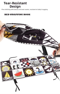 Detail of durable bed wrapping book showing tear-resistant fabric and high contrast patterns