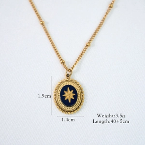 Detail showing 1.9cm x 1.4cm oval star pendant with 40+5cm 14K gold plated chain dimensions