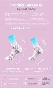 Detailed material composition and size specifications for cushioned basketball sports socks