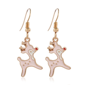 Detail of pink reindeer drop earrings with golden alloy frames for Christmas