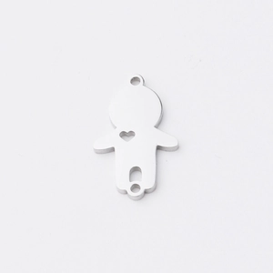 Polished silver stainless steel boy and girl shaped pendant with hollow heart detail
