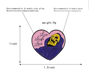 Detail view of heart-shaped enamel pin with skeleton design and product dimensions