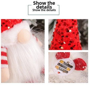 Detail of Christmas gnome showing sequined hat texture and 3xAAA battery compartment