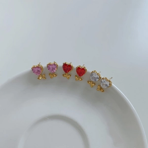 Three-pair heart-shaped earrings with colorful zircons and golden floral leaf settings