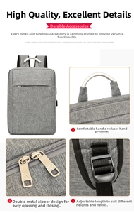 Detailed views of grey backpack with metal handle, dual zippers and adjustable straps