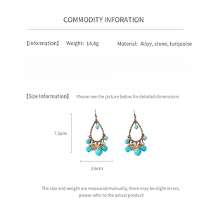 Detailed product dimensions and material specs for bamboo drop earrings with turquoise