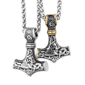 Viking Thor's hammer pendants in silver and gold tones with stainless steel chain