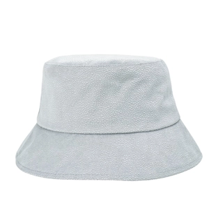 Light gray bucket hat with pebbled texture fabric shown on white background