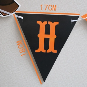 Detail view of black Halloween paper bunting flag with orange letter H and dimensions