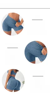 Detail view of high-waist yoga shorts showing peach-lift seam and honeycomb texture