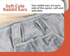 Close-up of soft grey coral fleece cat grooming apron with cute bunny ear decorations