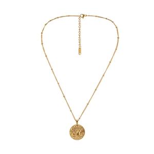 Detail of gold stainless steel necklace with Sagittarius zodiac coin pendant and beads