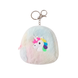 Kids unicorn plush coin purse with colorful faux fur and metal keychain clip